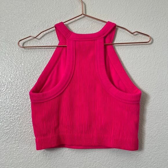 Aerie Superchill High Neck Rib Seamless Crop Bra Top Long Line Bralette Hot Pink - Picture 2 of 6